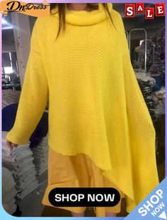 Women Winter Yellow Long Sleeve Turtleneck Knit Pullover Loose Irregular Sweater Casual Asymmetrical Knit Top For Winter, Winter Plain Top With Asymmetrical Hem, Knit Top With Asymmetrical Hem For Winter, Knit Tops With Asymmetrical Hem For Fall, Asymmetrical Hem Knit Top For Fall, Knit Top With Asymmetrical Hem For Fall, Casual Asymmetrical Sweater, Casual Solid Asymmetrical Sweater, Trendy Asymmetrical Sweater For Winter