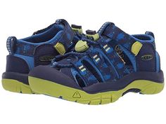 KEEN Kids Newport H2 (Toddler/Little Kid) (Blue Depths/Chartreuse) Boys Shoes The Newport is the foundation of the Keen footwear line. Designed with outdoor play in mind the Newport H2 provides the comfort and protection young feet need for land and water activities. Quick-drying polyester web upper. Hydrophobic mesh lining. Cushioned EVA footbed provides all-day comfort. Treated with AEGIS Microbe ShieldÂ antimicrobial technology that helps #KEENKids #Shoes #OpenFootwear #CasualSandal #Blue Keen Footwear, 3m Reflective, Adidas Kids, Shoes Blue, Water Activities, Outdoor Play, Casual Sandals, Sketchers Sneakers, Blue Shoes