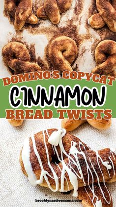 cinnamon bread twists with icing on top and the words, donuts copycat cinnamon bread twist