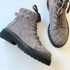 Vince Camuto Merindil Gray Suede Quilted Combat Boot Size 8.5 Retails $120 Nwot/ No Box, No Tags Vince Camuto Merindil Gray Suede Combat Boot A Quilted Cap Toe And Chain Link Detailing Add Some Glam Style To This Must-Have Combat Boot With A Platform, Lug Sole. 2" Heel Lace Up; Side Zip Closure Quilted Cap Toe And Collar Chic Lace-up Boots With Round Toe, Chic Round Toe Boots With Laces, Chic Lace-up Round Toe Boots, Taupe Round Toe Boots Medium Width, Taupe Leather Boots With Round Toe, Chic Brown Lace-up Boots With Round Toe, Medium Width Suede Lace-up Boots With Round Toe, Red And Black Snake, Vince Camuto Booties