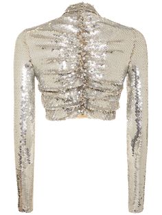 Back button closure. Front draped panel with logo plaque detail. Embellished with sequins. Model is wearing a size36 Luxury Embellished Fitted Top, Luxury Evening Tops, Silver Crop Top, Jersey Crop Top, Embellished Blouse, Halter Crop Top, Shoulder Crop Top, Paco Rabanne, Celebrity Outfits