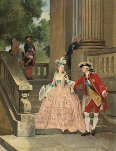 a painting of a man and woman in formal dress standing on steps next to each other