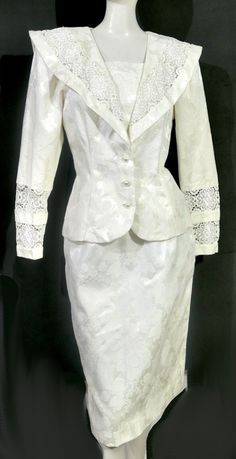 Vintage 80s 90s Jessica McClintock Lace Brocade Sailor Collar Skirt Set Dress White Suit Dress, White Suit, Suit Dress, Sailor Collar, Jessica Mcclintock, White Skirts, Set Dress, Skirt Set, Blazer