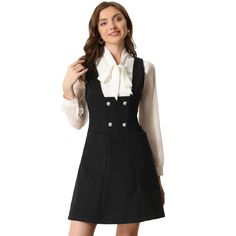 This casual dress is made up of several design points: v-neck, A-line, and sleeveless. Comfortable and fashionable. Designed with pockets, it is convenient to wear in daily life. Suit for spring/autumn and many occasions, such as office, work, business, meetings, go out and cocktail parties. Easy to clean: machine washable. Pinafore Dress Outfit, Black Overall Dress, Detective Outfit, Cocktail Parties, Clean Machine, Suspender Dress, Office Dresses, Pinafore Dress, Overall Dress