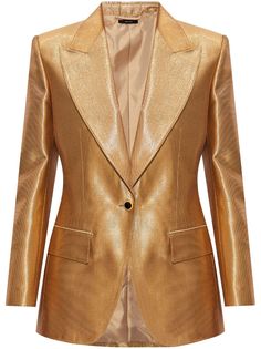 gold-tone wool blend metallic effect peak lapels front button fastening two front flap pockets long sleeves buttoned cuffs straight hem full lining Gold Blazer, Golden Dress, Lapel Blazer, Yoko London, City Dress, Womens Blazers, Summer Beach Wear, Ski Wear, Outerwear Women