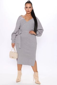 Mona Sweater Midi Dress - Chocolate - Dresses - Fashion Nova Gray V-neck Midi Dress For Fall, Knee-length Winter Dress For Brunch, Knee-length Winter Brunch Dress, Knee-length Midi Dress For Winter Brunch, Winter Brunch Knee-length Dress, Winter Bodycon Dress For Brunch, Chic Gray Long Sleeve Dress, Winter Brunch Bodycon Dress, Chic Gray Long Sleeve Midi Dress