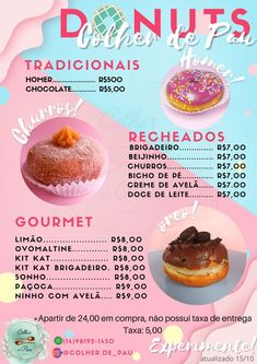 the menu for donuts is shown in pink and blue