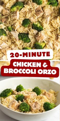 chicken and broccoli in a white bowl with the words 20 minute chicken and broccoli orzo