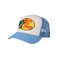 Our Bass Pro Shops Embroidered Logo Mesh-Back Cap features bright colors and our iconic logo, big and bold, embroidered on the front. This hat is a great way to show off your passion for an outdoor lifestyle. The mesh back encourages airflow to keep your head cool, and a snapback closure ensures a comfortable fit. The Bass Pro Shops Embroidered Logo Mesh Cap is a classic! Imported.    100% polyester    Embroidered Bass Pro Shops logo    Mesh back panels for cool comfort    Snapback closure Blue Outdoor Hat With Embroidered Logo, Blue Trucker Hat With Embroidered Logo And Flat Bill, Blue Trucker Hat With Embroidered Logo For Streetwear, Blue 5-panel Hat With Embroidered Logo, Blue Retro Hat With Embroidered Logo, Retro Blue Hats With Embroidered Logo, Retro Blue Hat With Embroidered Logo, Blue Trucker Hat With Embroidered Patch, Blue Snapback Trucker Hat With Embroidered Patch