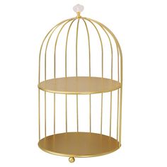 a gold metal birdcage with a white ball on it's top and bottom