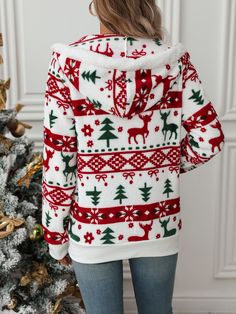 Women's Christmas Fleece Jacket Coat Holiday Outfits Christmas Cardigan Coat with Hoode White Fleece Hooded Jacket For Winter, Cozy White Hooded Jacket For Winter, Cozy White Winter Hooded Jacket, Casual Winter Holiday Outerwear, Christmas Long Sleeve Outerwear, Casual Christmas Holiday Outerwear, White Long Sleeve Outerwear For Christmas, Casual Fall Outerwear For Holiday, Casual Fall Holiday Outerwear