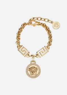 Metal Bracelet With Logo Charm, Leather Charm Bracelets, Versace Jewelry, Versace Fashion, Statement Hoop Earrings, Sparkly Jewelry, Gold Charm Bracelet, Braided Leather Bracelet, Silver Chain Bracelet