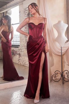 Burgundy Cinderella Divine 7498 Long Satin Fitted Sweetheart Neckline Dress for $149.0  – The Dress Outlet Satin Fitted Dress, Vestidos Color Vino, Corset Draping, Robes Glamour, Mermaid Bridesmaid, Corset Gown, Cinderella Divine, Luxurious Dresses, Drape Gowns