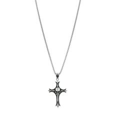 Show off your faith with this antiqued cross pendant necklace. Worn on its own, or layered with other pieces, this stylish men's necklace is sure to attract compliments. The distinctive and attention-grabbing design is perfect for making a statement and standing out in any crowd. It also makes for an excellent gift, either for a special someone or for yourself. Black ion-plated stainless steel pendant on a rollo link chain. 26 inch length. Size: one size.  Color: Silver.  Gender: male.  Age Group: adult. Skull Pendant Necklace, Skull Pendant, Ed Hardy, Men's Necklace, Stainless Steel Pendant, Cross Pendant Necklace, Stylish Men, Men Necklace, Link Chain