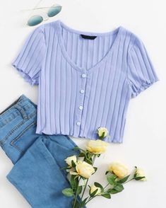 Lilac Dream Crop Top (1pc) Ribbed Button Top, Soft Green Outfit Aesthetic, Short Sleeve Outfits For School, Button Up Top Outfit, Shien Clothes Outfits, Crop Top Shirt Outfits, Casual Crop Top Outfits, Cute Green Tops, Summer Girly Outfits