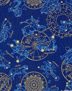 blue and gold zodiac signs on a dark blue background, with stars in the sky