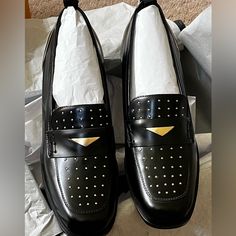 Black Leather Gold Studded Brand New Elegant Closed Toe Platform Loafers For Party, Black Wingtip Platform Loafers For Formal Occasions, Elegant Party Loafers With Studded Rubber Outsoles, Black Platform Loafers For Formal Occasions, Designer Black Platform Loafers For Formal Occasions, Designer Black Platform Loafers For Formal Events, Elegant Black Loafers With Studded Rubber Outsoles, Elegant Formal Platform Loafers With Flat Heel, Elegant Formal Leather Shoes With Studded Rubber Outsoles