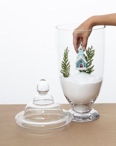 a hand is placing a tiny house in a large glass bowl filled with snow and pine branches