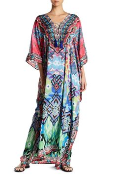 Relaxed Summer Vacation Maxi Kaftans - Chic Beachwear and Summer Clothing - Hot Boho Resort & Swimwear Long Printed Beach Dress For Beach Cover-up, Bohemian Flowy V-neck Swimwear, Bohemian Style Pool Cover-up For Beach Season, Casual Vacation Dresses For Pool, Bohemian Swimwear For Resort Beach Party, Multicolor Flowy Cover-up For Beach Party, Flowy Beachwear Dresses For Resort Season, Free Size Beachwear Dress For Poolside, Long Kaftan For Beach Vacation