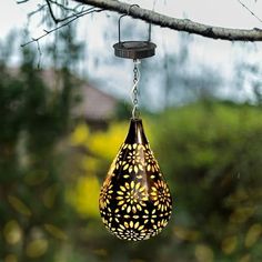 a hanging light that is attached to a tree branch in the rain with yellow flowers on it