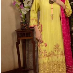 Pakistani Almirah Brand New 3 Piece Dress Size Xl Long Sleeve Summer Dress With Dabka Work, Summer Long Sleeve Dress With Dabka Work, Fitted Yellow Dabka Work Dress, Fitted Yellow Dress With Dabka Work, Elegant Yellow Straight Kurta Dress, Spring Anarkali Dress With Dabka Embroidery, Elegant Yellow Dress With Printed Motifs, Yellow Wedding Dress With Printed Motifs, Traditional Festive Rayon Dresses