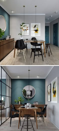 two pictures of a dining room and living room with blue walls, wood flooring and furniture