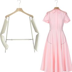 a pink dress hanging on a hanger next to an image of a white shirtdress