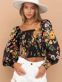 Color: Black with Multi Flowers Long Sleeve Cropped Blouse Tropical Floral Pattern Smocked Bodice and Sleeves Square Neckline Puff Long Sleeves 100% Polyester Garden Smock, Floral Top Outfit, Tropical Floral Pattern, Floral Peasant Blouse, Cropped Blouse, Puff Long Sleeves, Blouse Outfit, Peasant Blouse, English Garden