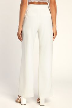 Have all the confidence you need with the Lulus A Power Mood White High-Waisted Wide-Leg Trouser Pants! Lightweight crepe woven fabric shapes a boss-babe, high banded waist with a hidden zip fly and a covered button closure. Wide pant legs fall to ankle-grazing hems and feature decorative welt pockets at the back. Pair with the matching blazer for a complete look! Fit: This garment fits true to size. Length: Floor length. Size medium Inseam: 31.25 Front Rise: 11.50 Waist: Fitted - very fitted at Lulu Fashion, Wide Pants, Trouser Pants, Boss Babe, Welt Pockets, Wide Leg Pants, Floor Length, Woven Fabric, Wide Leg