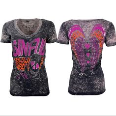 Sinful By Affliction Women's T-Shirt Lovely Biker Tattoo Brand: Affliction Color: Black Lava Wash Style: Lovely / S2940 Material: 100% Cotton Detail: V-Neck Shirt, Printed In Front & Back, Design In Usa, Country Of Manufacture: Usa Pink Distressed Graphic Tee, Fitted Acid Wash Top For Streetwear, Fitted Acid Wash T-shirt With Graphic Print, Distressed Fitted Punk T-shirt, Fitted Distressed Punk T-shirt, Edgy Distressed Fitted T-shirt, Fitted Acid Wash Distressed Top, Pink Skull Print T-shirt For Summer, Summer Pink Skull Print T-shirt