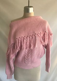 "1980's chunky pink cotton knit shawl collar pullover sweater featuring long sleeves, fringe trim and a fun cable pattern at center front. Shawl collar, hem and cuffs are a rib knit.  Sweater is clean and in great condition! There's just a couple pulls here and there. Label: Fino International - Size L - 55% Ramie, 45% Cotton - Made in China Measurements: would best fit a modern size M Bust= 42\" Bottom opening= 26\" relaxed  Shoulder width= 19\" Sleeve length= 18 1/2\" Bicep= 16 1/2\" Sleeve op Rib Knit Sweater, Cable Pattern, Knit Shawl, Fringe Sweater, Pullover Sweater Women, Knitted Shawls, Fringe Trim, Cotton Knit, Shoulder Sweater