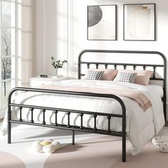 a bedroom with white walls and flooring has a metal bed frame in the middle