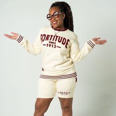 We are NOT coming to play with these short sets! They are cozy, comfortable, and cannot be passed up. It's a versatile set that you can wear to indoor summer events, or can even be worn separately to create different styles. 'FORTITUDE' is boldly displayed on the front of the sweatshirt with chenille lettering, along with lady fortitude largely embroidered on the left sleeve. '1913' is represented on the bottom left of the left short leg in chenille. Get ready to pop out with the coolest set out there! Chenille Sweatshirt, Grey Tracksuit, Black Tracksuit, Ready To Pop, Delta Sigma Theta, Short Legs, Summer Events, Pop Out, 4 Way Stretch Fabric