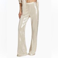 Only Worn Once, Amazing Condition Super Cute Sequin Flared Pants Ivory White / Cream, Called Alabaster On The Website Fit Me Well And I’m 5’5” Inseam Approx 32”, Waist Approx 14.5”, Waist To Hem Approx 43” I Do Have The Matching Blazer In A Size 2 - Was Going To Hold Onto It But Open To Selling White Ankle-length Pants For Party, White Ankle-length Evening Bottoms, White Ankle-length Evening Pants, White Ankle-length Pants For Evening, Elegant Beige Party Pants, Elegant Beige Pants For Party, White Straight Pants For Evening, Elegant Beige Party Bottoms, Chic Cream Pants For Evening