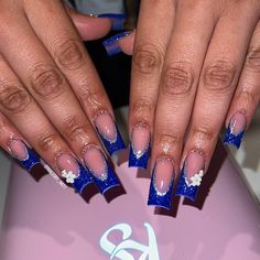 Blue Nails For Prom Short, Blue Prom Nails Acrylic Short, Blue Nail Designs Homecoming, Royal Blue Prom Nails Medium, Graduation Blue Nails, Royal Blue Nails For Prom Glitter, Royal Blue Bday Nails, Nails Royal Blue Short, Blue Nails Acrylic Prom