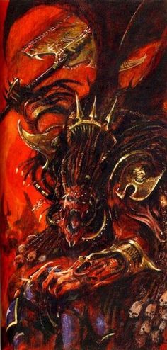 an artistic painting with red and black colors, depicting the face of a demonic demon