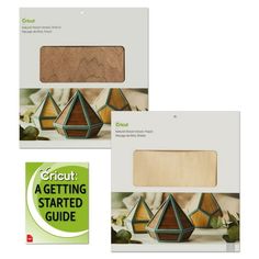 two boxes with wooden shapes on the front and back of them, one has a green leaf in it