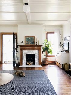 a living room filled with furniture and a cat laying on the floor next to a fire place