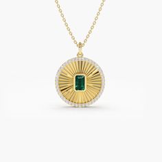 Medallion Diamon Necklace Details	Made to Order	Gold Kt: 14K (also available in 14 K)	Available Gold Color: Rose Gold, Yellow Gold, White Gold	The diameter of Disc: 17 MM	Emerald-Cut Emerald: 1 pc 5 x 3 MM	Round Diamond: 42 pcs 1.1 MM	Total Diamond CTW: 0.25	Total Emerald CTW: 0.35	Diamond Color-Clarity: G Color Si Clarity Shipping Time 10-12 Working Days Emerald Diamond Necklace, Texture Jewelry, High Fashion Jewelry, Gold Medallion, Indian Wedding Jewelry, Medallion Necklace, Looks Chic, Diamond Color, Gold Coins