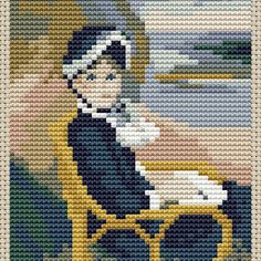 an image of a woman with a cat in her lap cross stitch pattern on fabric