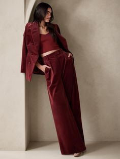 In a word? Sumptuous.  But we can think of many to describe the soft feeling of this luxurious, ultra high-rise pant, crafted from a plush velvet fabrication with sophisticated touches, like pleated detail and trouser crease for polished appeal.  As Nonbinary Wedding Outfit, Velvet Pant, Velvet Clothes, Utila, Velvet Pants, Mein Style, High Rise Pants, Banana Republic Pants, Wool Pants