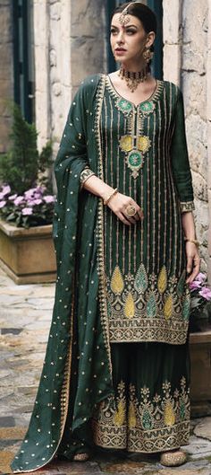 Green color Salwar Kameez in Art Silk fabric with Embroidered, Resham, Thread, Zari work Plazzo Suits, Pakistani Suit, Palazzo Suit, Silk Bottoms, Ghagra Choli, Shalwar Kameez, Clothing Websites, Silk Dupatta, Designer Dresses Indian