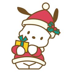 a cartoon character wearing a santa hat and holding a box with a bow on it