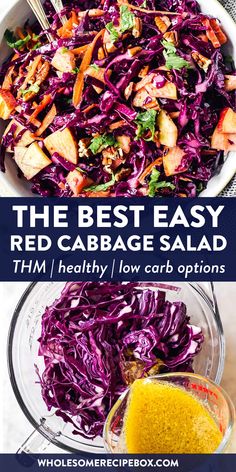 red cabbage salad in a bowl with the title overlay above it and below image