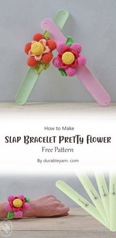 a crocheted flower on top of a pair of pink and yellow scissors with the title how to make slap bracelet pretty flower free pattern