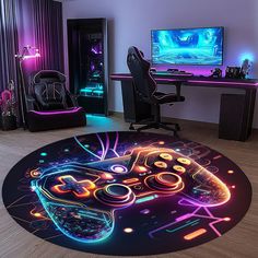 a gaming controller rug in front of a computer desk with two monitors on the wall