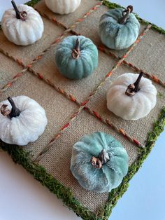 several small pumpkins sitting on top of a piece of burlied cloth covered in grass