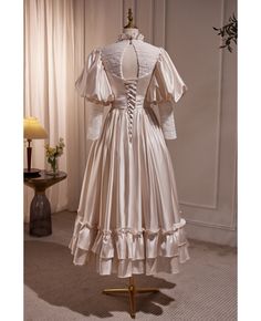 Get 10% off now! Buy retro bride champagne satin tea length wedding dress with bubble sleeves at cheap price online. Free stable shipping and pro custom service since 2009. Elegant Vintage Puff Sleeve Wedding Dress, Elegant Satin Victorian Wedding Dress, Beige Puff Sleeve Wedding Dress, Long Sleeve Prom Dress Lace, Prom Dress Champagne, A Line Prom Dress, Backless Evening Dress, Dress Champagne, High Neck Designs