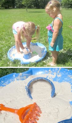 two pictures of children playing with sand in the park and on the grass at the park