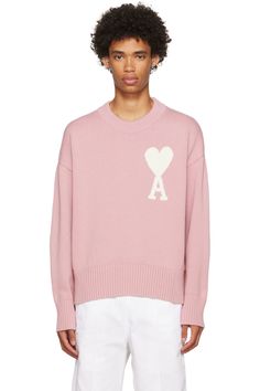 Pink Ami De Cœur Sweater by AMI Alexandre Mattiussi on Sale Pink Crew Neck Sweatshirt With Ribbed Collar, Pink Ribbed Collar Crew Neck Sweatshirt, Pink Sweater With Ribbed Neckline For Winter, Pink Winter Sweater With Ribbed Neckline, Pink Knit Sweater With Ribbed Neckline, Pink Ribbed Neckline Sweater For Winter, Pink Crew Neck Sweater With Ribbed Neckline, Pink Cotton Sweater With Ribbed Collar, Winter Pink Cotton Sweater